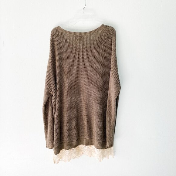 🦋 URBAN OUTFITTERS Pins & Needles Olive Sweater Lace Trim Size Small Oversize - Picture 7 of 8